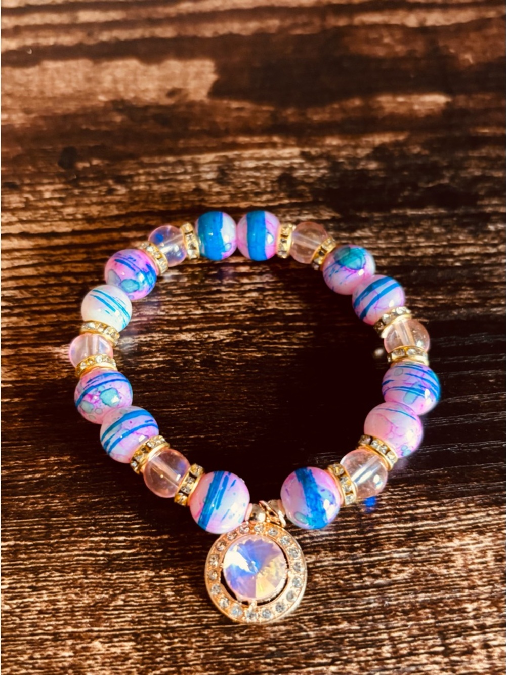 Pink & Blue Beaded Crystal Charm Bracelet - Women's Jewelry